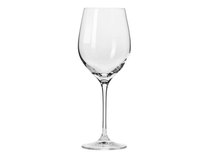 A clear glass wine glass with a tall stem and bowl shape, suitable for wine serving.