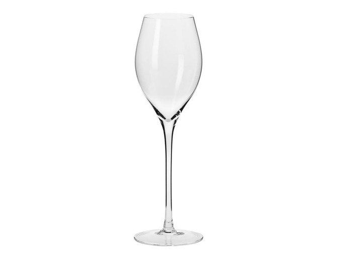 A set of six clear, elegant prosecco glasses with a tall, slender design. Gift boxed for presentation.