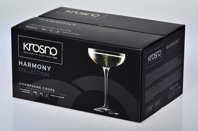 A gift box containing six Krosno Harmony champagne coupes, clear glass with a sleek design.