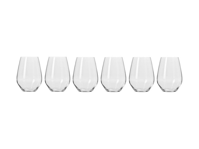 Six clear glass stemless wine glasses in an elegant shape, showcased together in a row.