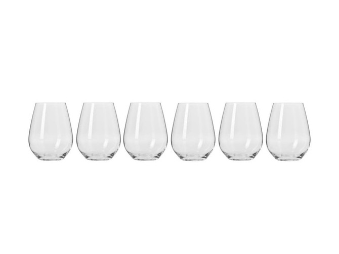 A set of six clear stemless wine glasses, elegantly shaped and made of glass, presented in a row.
