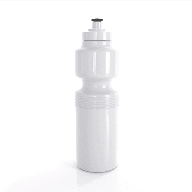 A drink bottle in recycled white plastic, featuring a black nozzle and a textured grip.