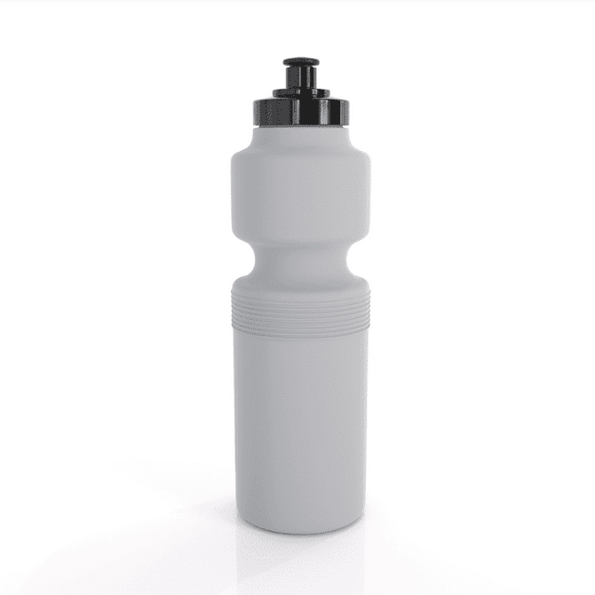 A drink bottle in grey with a black lid and a textured grip, featuring a logo on its surface.