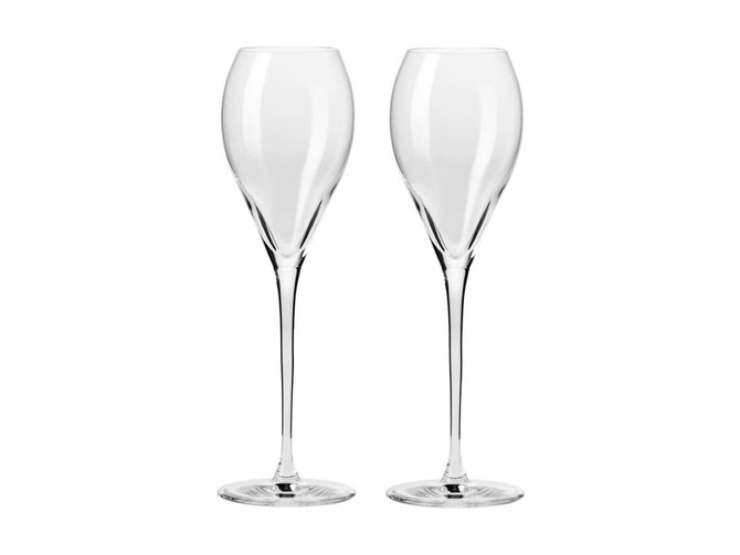 Two clear glass flutes with elegant, elongated stems, presented in a gift box.