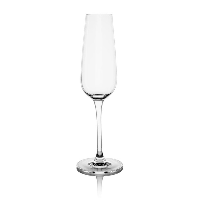 A clear glass flute with a slender stem and a wide base, part of the Ariston Aura Flute Twin Pack.
