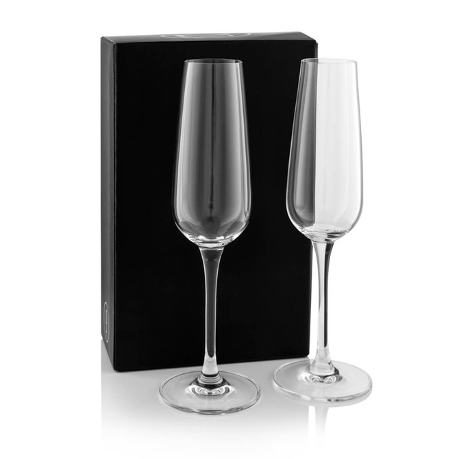 A twin pack of elegant clear glass flutes in a black box, featuring a sleek design and tall stems.