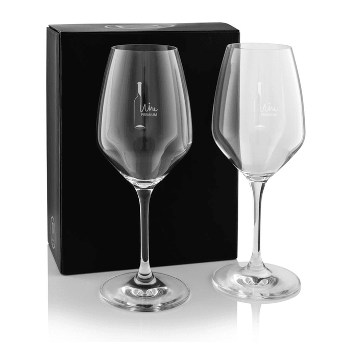 A twin pack of clear wine glasses in elegant shapes, presented in a black box with a logo. A twin pack of clear wine glasses in elegant shapes, presented in a black box with a logo.