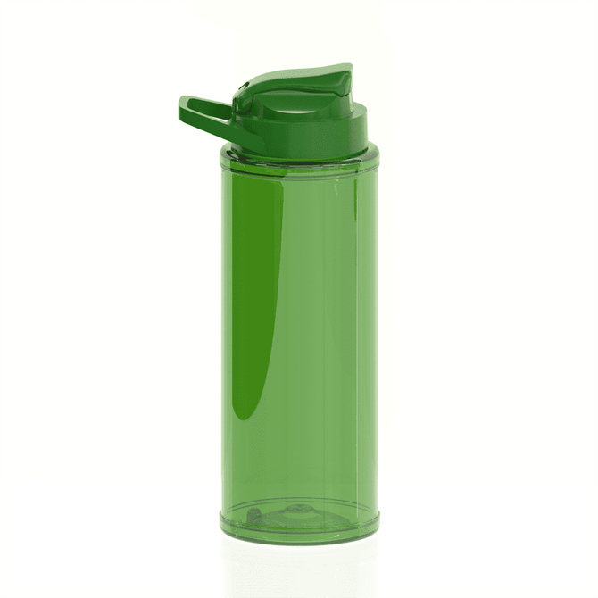 A drink bottle in a transparent green colour with a matching green lid and a flip-up spout. It has a logo.