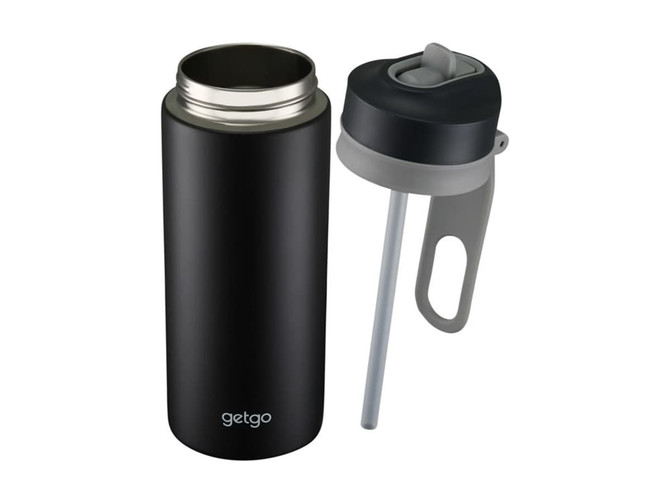 A drink bottle in matte black with a grey lid and straw, featuring a logo on the side.