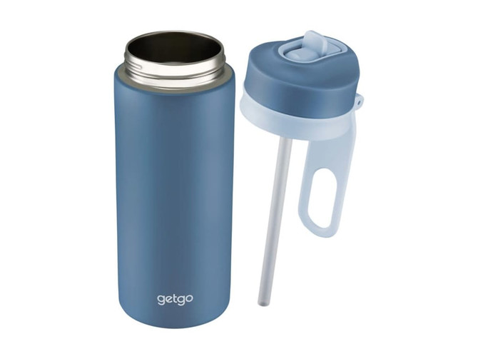 A drink bottle in blue with a double wall design, featuring a detachable lid and straw. Includes a logo.