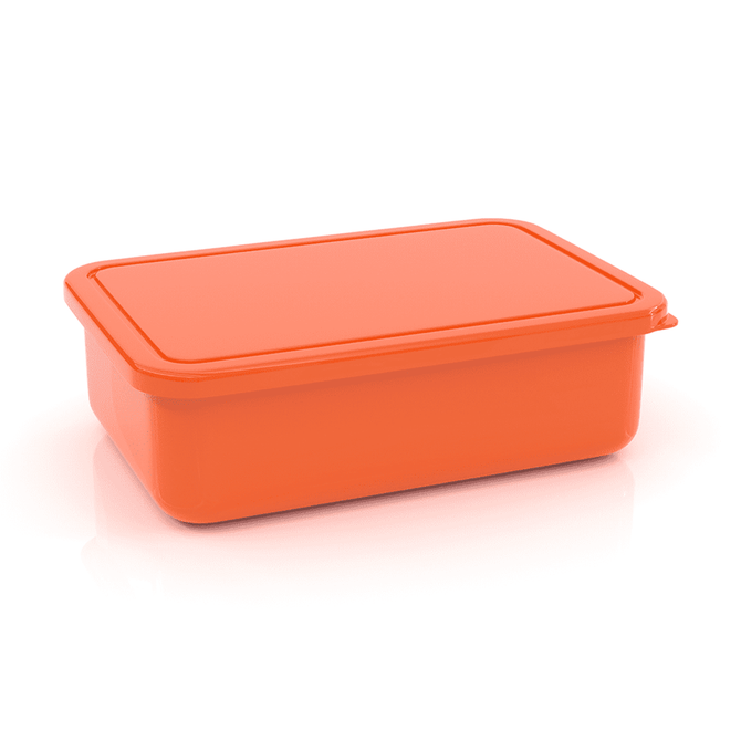 An orange lunch box with a fitted lid, featuring a smooth, glossy surface and rectangular shape.