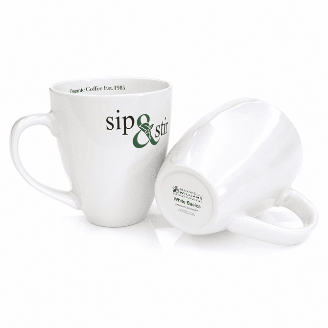 A white ceramic mug with a curved handle, featuring a logo and a glossy finish, on a plain background.