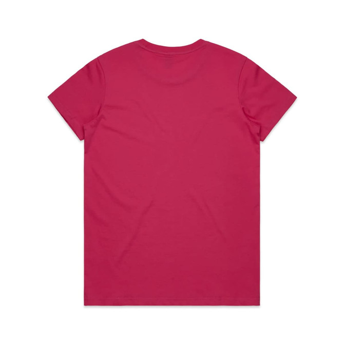 A plain pink T-shirt featuring a round neckline and short sleeves, with a logo on the back.