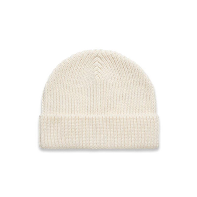 A cream beanie with a ribbed texture and a rolled cuff, featuring a logo on the side.