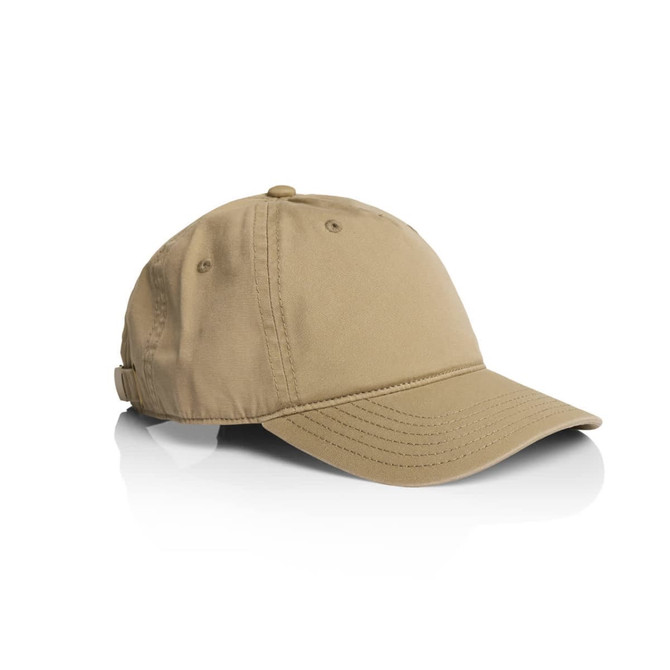 A khaki five panel cap featuring an adjustable strap and a logo.