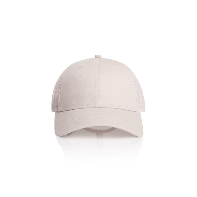 A light beige trucker cap with a solid front panel and mesh sides. It features a logo on the front.