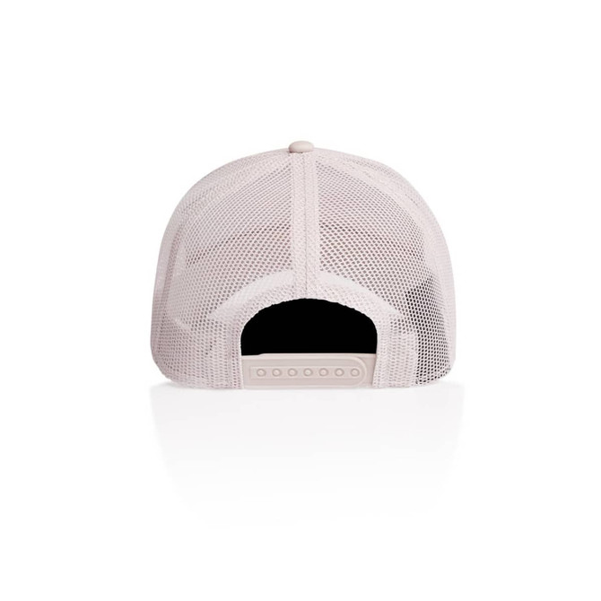 A trucker cap in light pink with a mesh back and adjustable snap closure. It features a logo on the side.