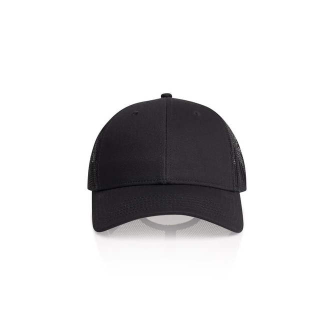 A black trucker cap with mesh panels and a solid front, featuring a logo on the front panel.