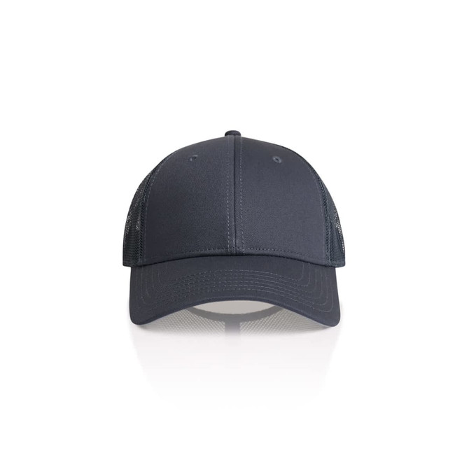 A grey trucker cap featuring a solid front and mesh back, with a logo on the front.