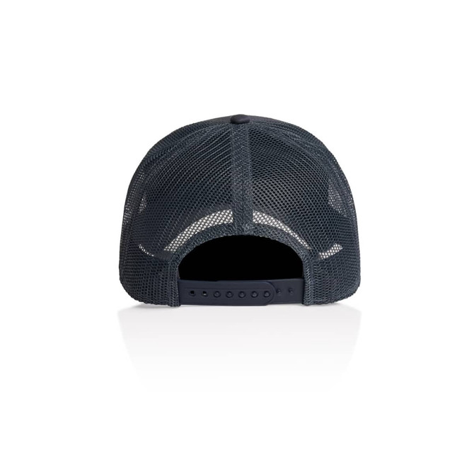 A dark grey trucker cap featuring a mesh back design and an adjustable strap. It has a branding logo.