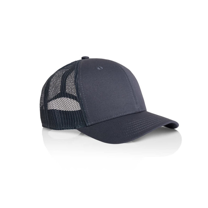 A dark navy trucker cap featuring a mesh back and a solid front panel, styled with a curved brim and a logo.