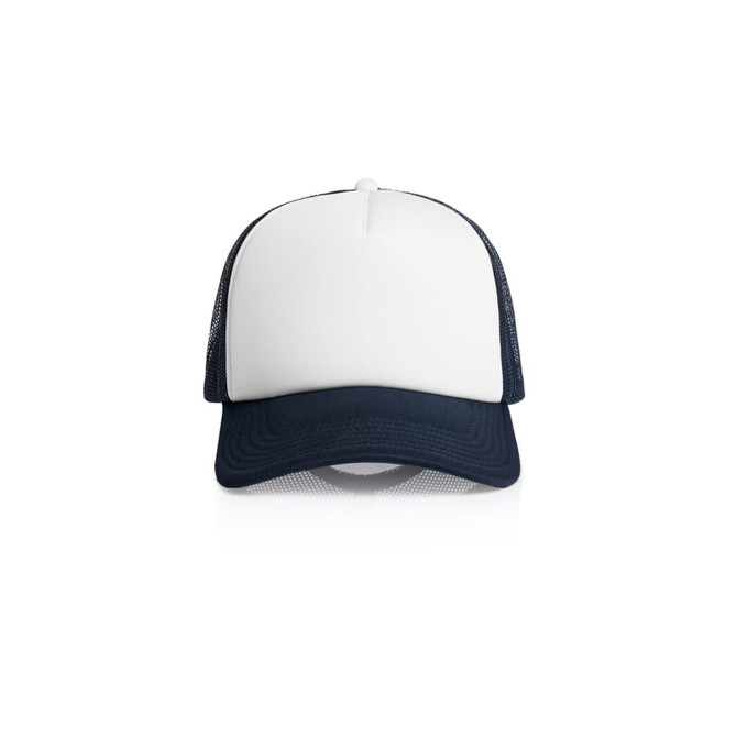 A two-tone trucker cap featuring a white front panel and navy mesh sides. It includes a logo on the front. A two-tone trucker cap featuring a white front panel and navy mesh sides. It includes a logo on the front.
