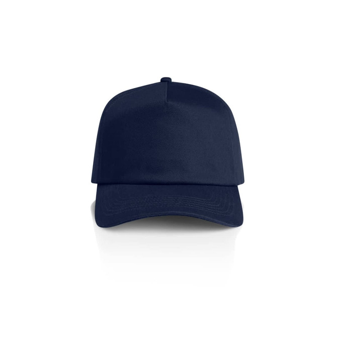 A navy blue cap with a structured design and a logo on the front.