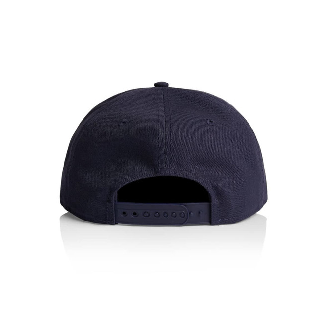 A navy blue cap featuring a back snap closure and a logo on the side.