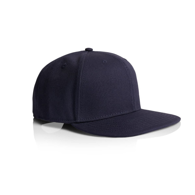 A navy stock canvas cap with a structured design and a flat brim. It features a logo on the front.