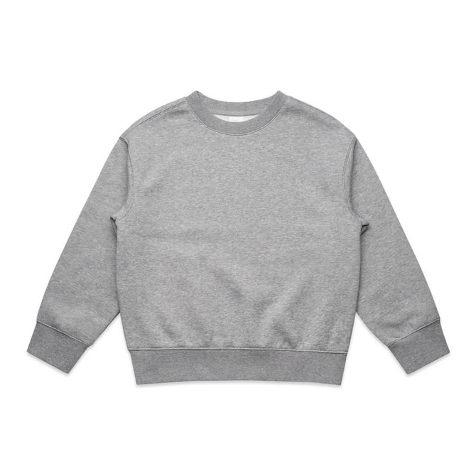 A grey crew jumper featuring long sleeves and a ribbed hem. Includes a logo on the front.