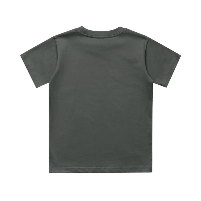 A green children's T-shirt with short sleeves and a plain back. The shirt has a logo on it.