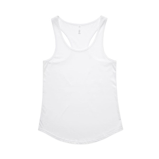 A white racerback singlet featuring a soft, smooth fabric and a subtle logo. Ideal for casual wear.