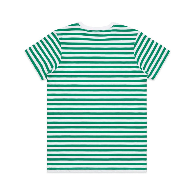 A green and white striped T-shirt featuring a logo on the back. Suitable for casual wear.