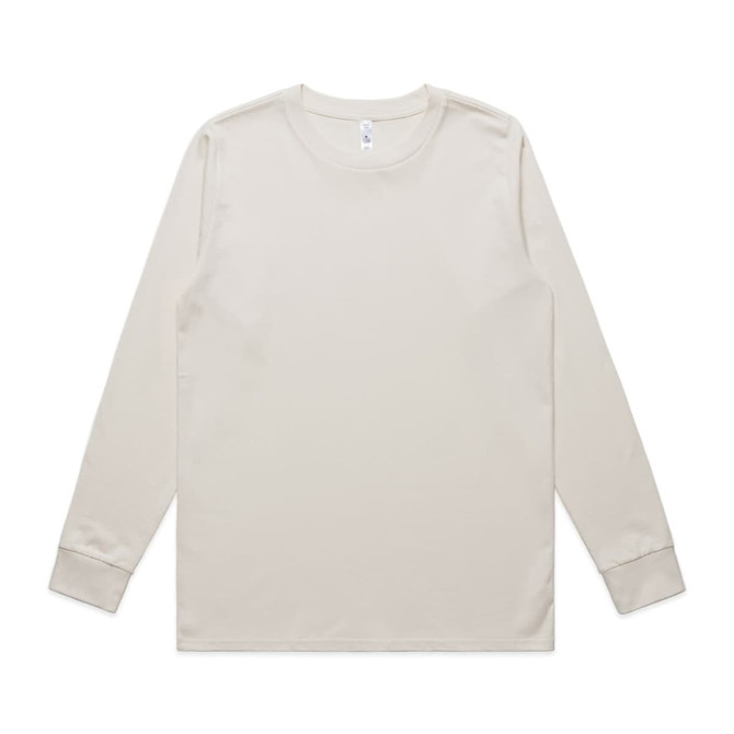 A beige long-sleeve t-shirt with a round neckline and a logo on the label. Features subtle cuffed sleeves.