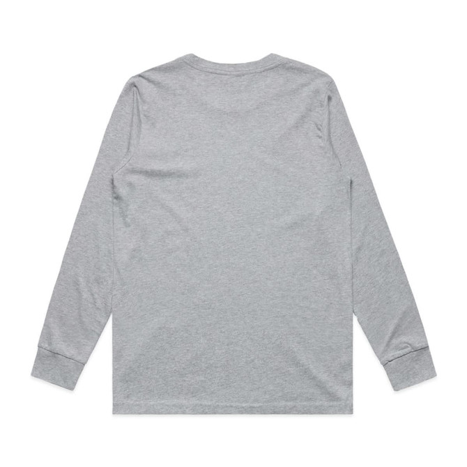 A grey long-sleeve t-shirt featuring a plain back and fitted sleeves, with a logo on the label.