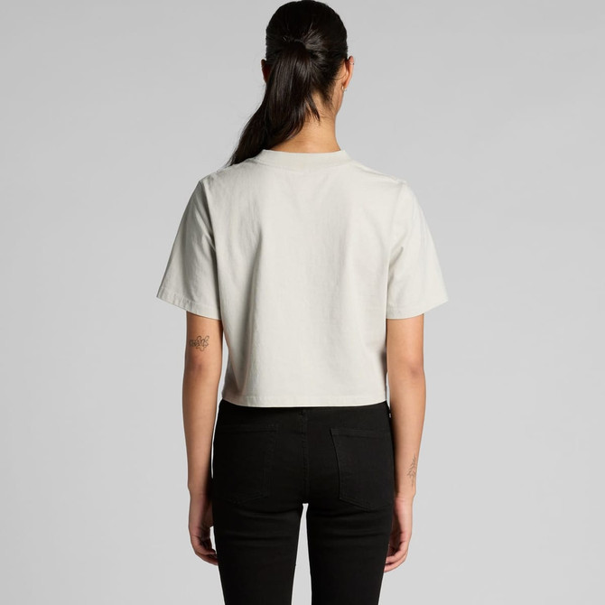 A cropped, faded tee in light grey, displayed from the back, with a plain design and short sleeves.