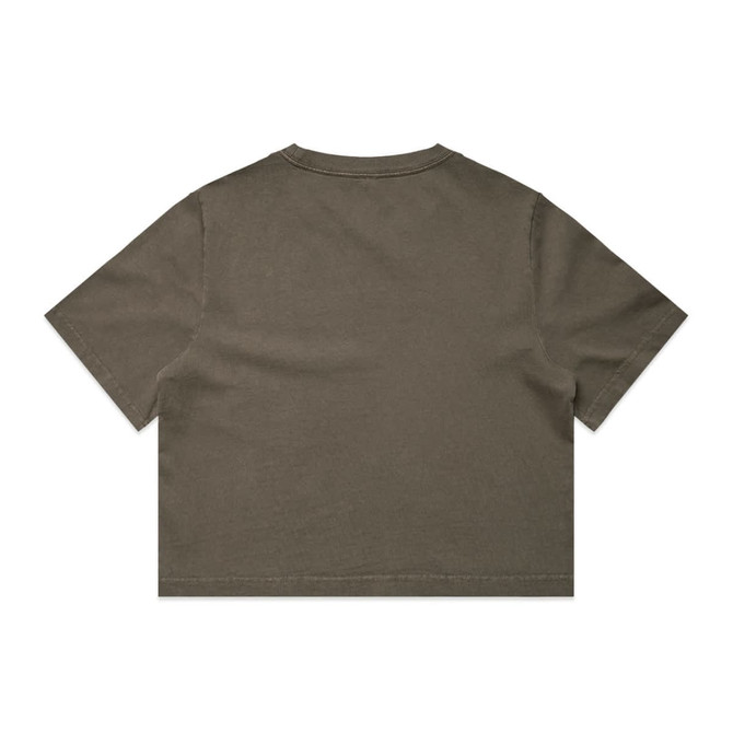 A cropped t-shirt in a faded olive green colour, featuring a plain back and short sleeves. It has a logo.