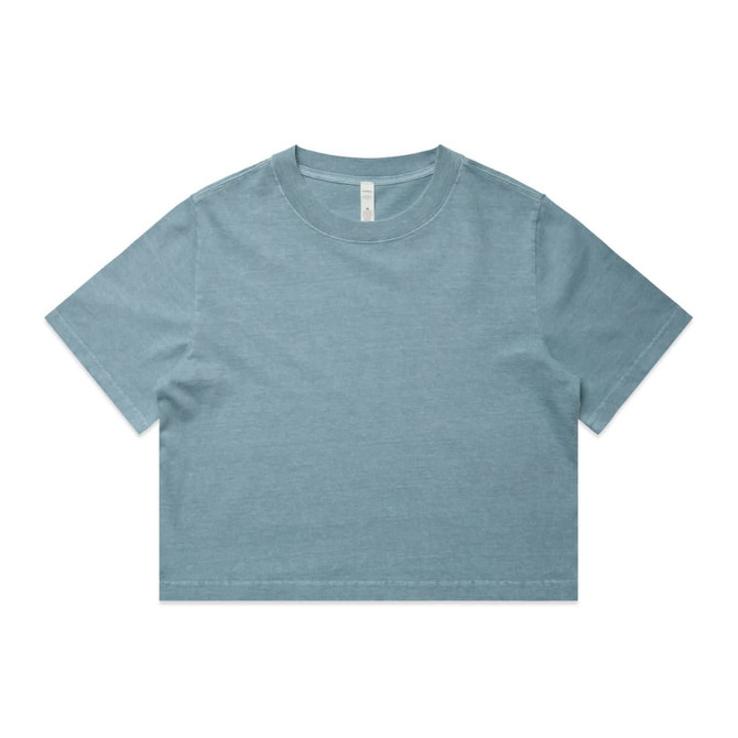A cropped t-shirt in a faded blue colour with a round neckline and short sleeves. It features a brand logo on the label.