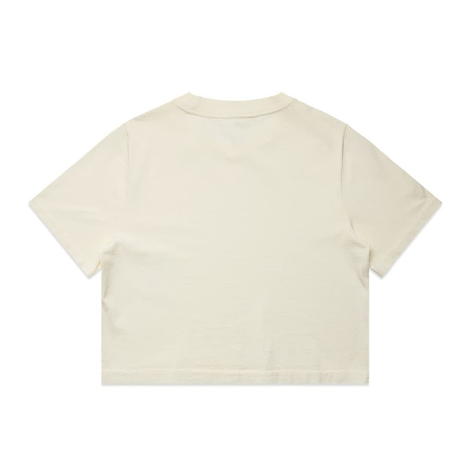 A cream-coloured cropped t-shirt with short sleeves and a plain back, featuring a logo.