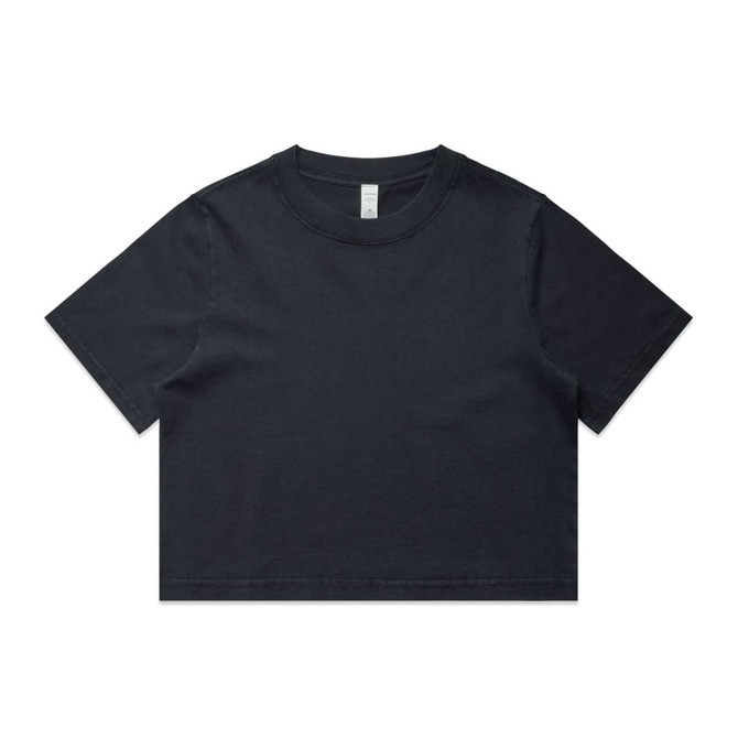 A black heavy faded crop tee with a round neckline and short sleeves, featuring a subtle logo.