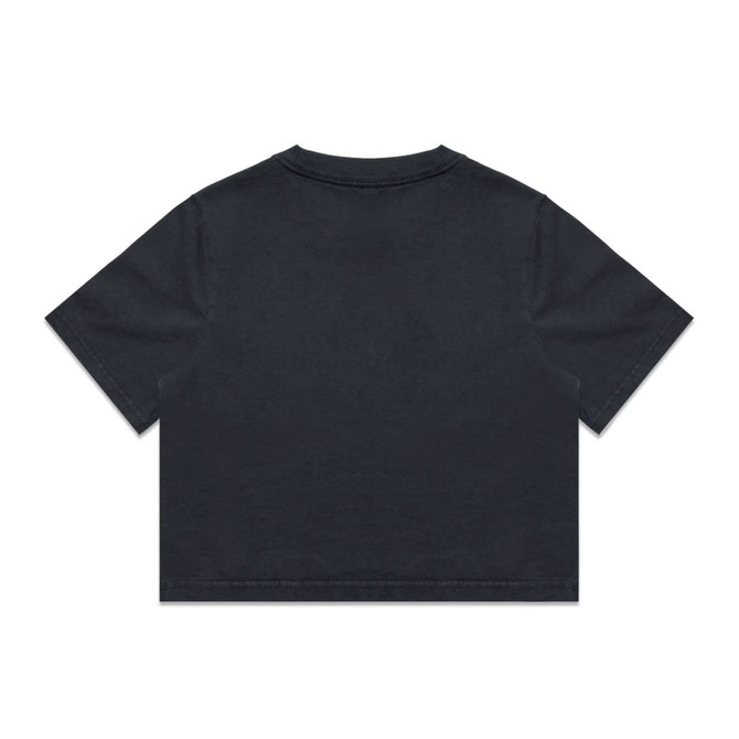A black heavy faded crop tee with short sleeves and a simple design, featuring a logo on the back.