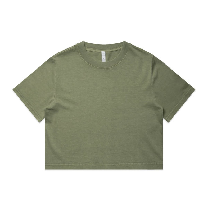 A heavy faded crop tee in olive green with a crew neckline and short sleeves. It features a simple design and a logo.