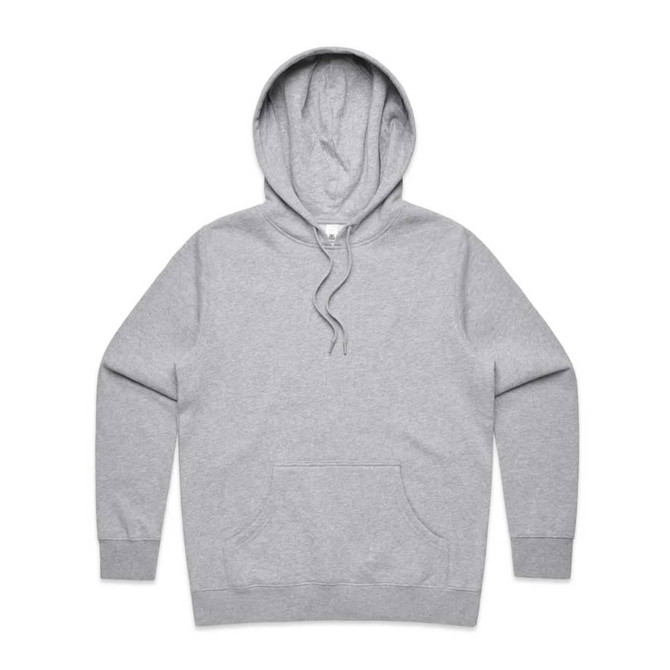 A grey hoodie with a front pocket and drawstring hood. It features a logo on the front.