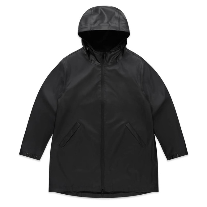 A black rain jacket with a hood, featuring a zip closure and side pockets, and includes a logo. A black rain jacket with a hood, featuring a zip closure and side pockets, and includes a logo.