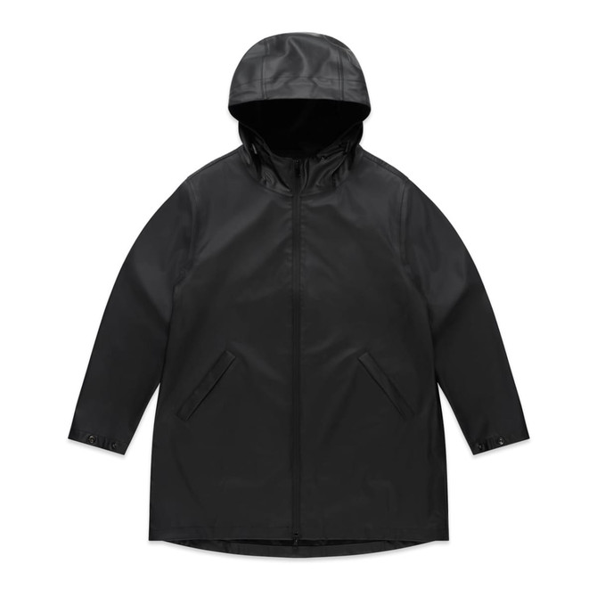 A black rain jacket with a hood, featuring side pockets and a zip closure, with a small logo on it. A black rain jacket with a hood, featuring side pockets and a zip closure, with a small logo on it.