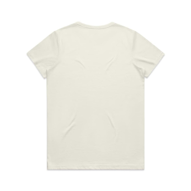 A light-coloured T-shirt featuring a plain back and a small branding logo. 