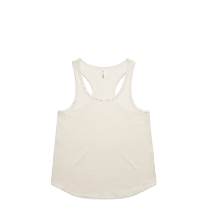 A cream racerback tank top with a rounded hem and a logo at the label.
