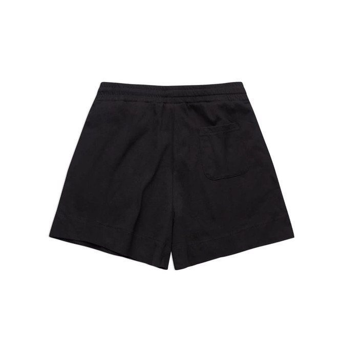 Soft black sports shorts with a relaxed fit and a back pocket. The item features a simple design and has a logo.