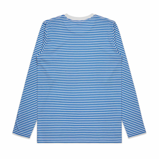 A long-sleeve T-shirt featuring blue and white horizontal stripes, with a crew neckline and a branding logo.