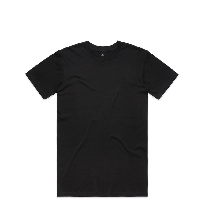 A black t-shirt with a round neck and short sleeves, featuring a logo on the interior label.